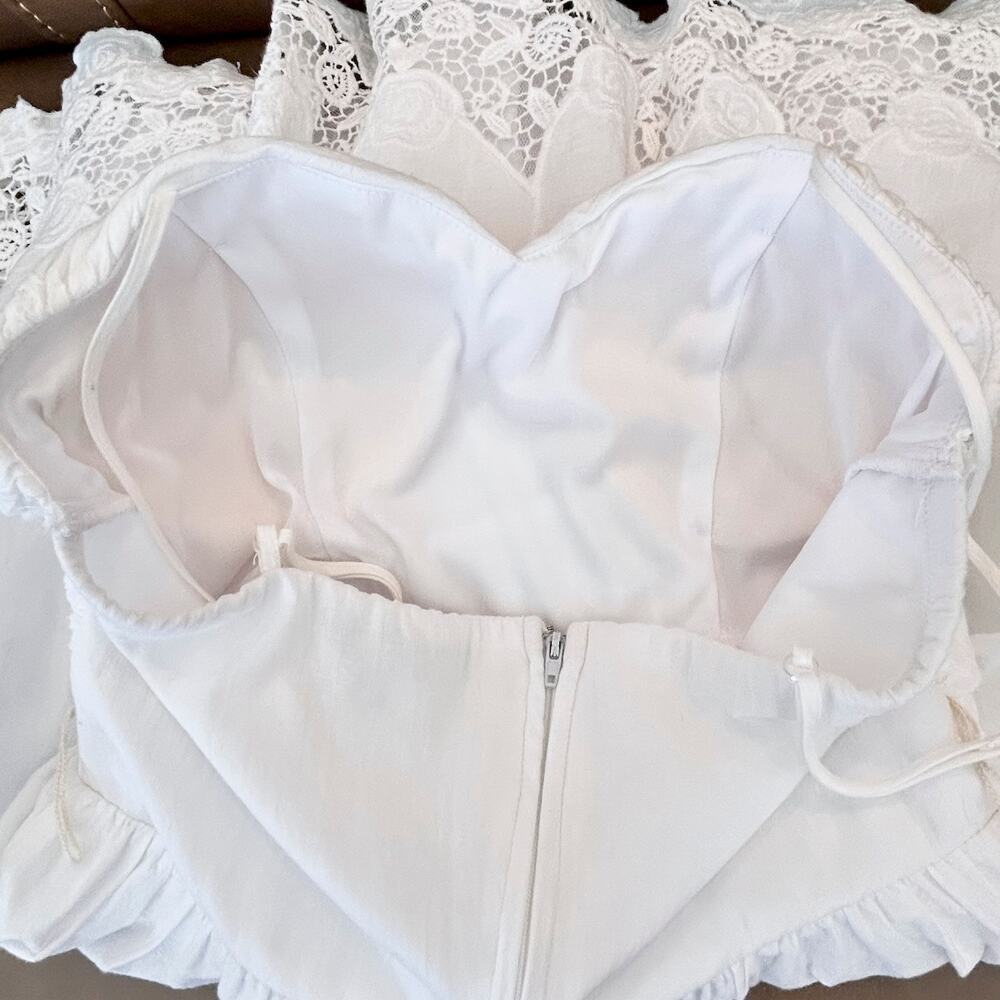 Coastal Cowgirl White Ruched Ruffles with eyelet Dress Small Cottage Coquette - Picture 9 of 9